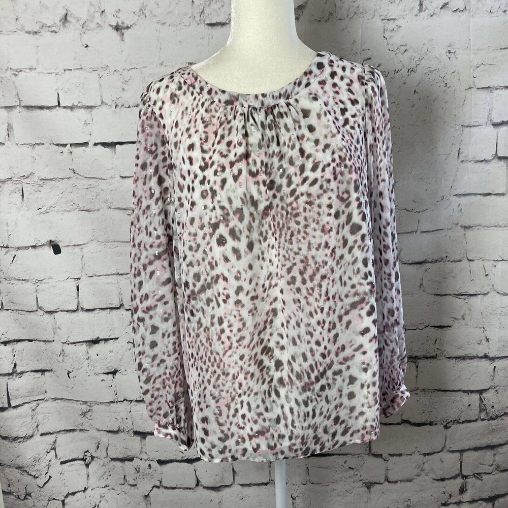 Talbots leopard print metallic Pink Gray blouse women size large